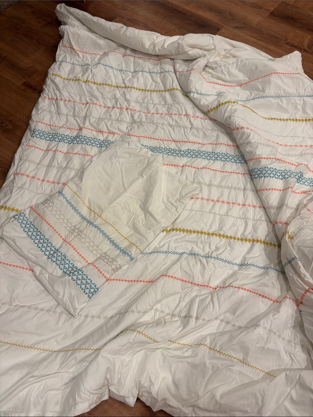 Garnet Hill White Duvet Cover with Blue, Pink & Yellow Stripe Embroidery